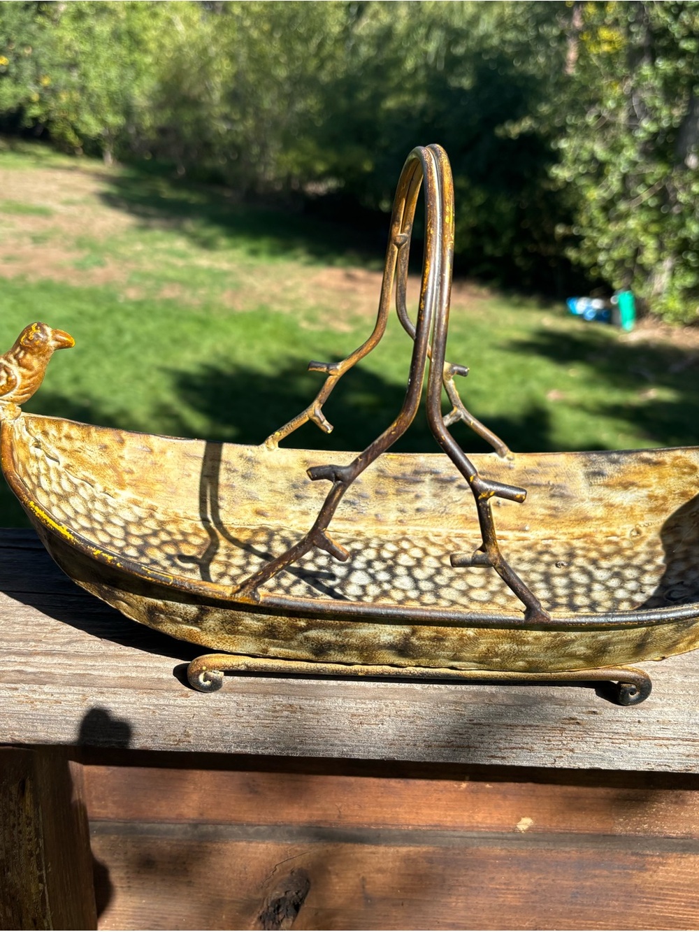 Vintage Rustic Cast Metal Twig Handle Bird Basket Decorative Planter Centerpiece